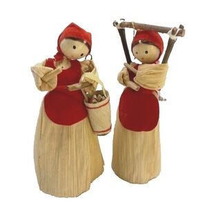 Set of‎ 2 Vintage Corn Husk dolls Figurines 5 1/2" 1970s Christmas Ornaments
